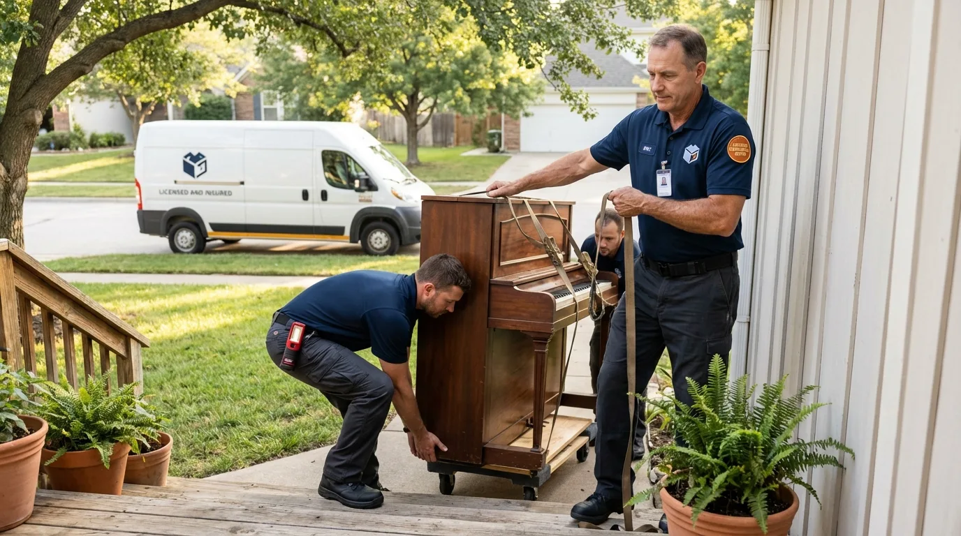 Licensed piano movers securing grand piano in Owego, NY