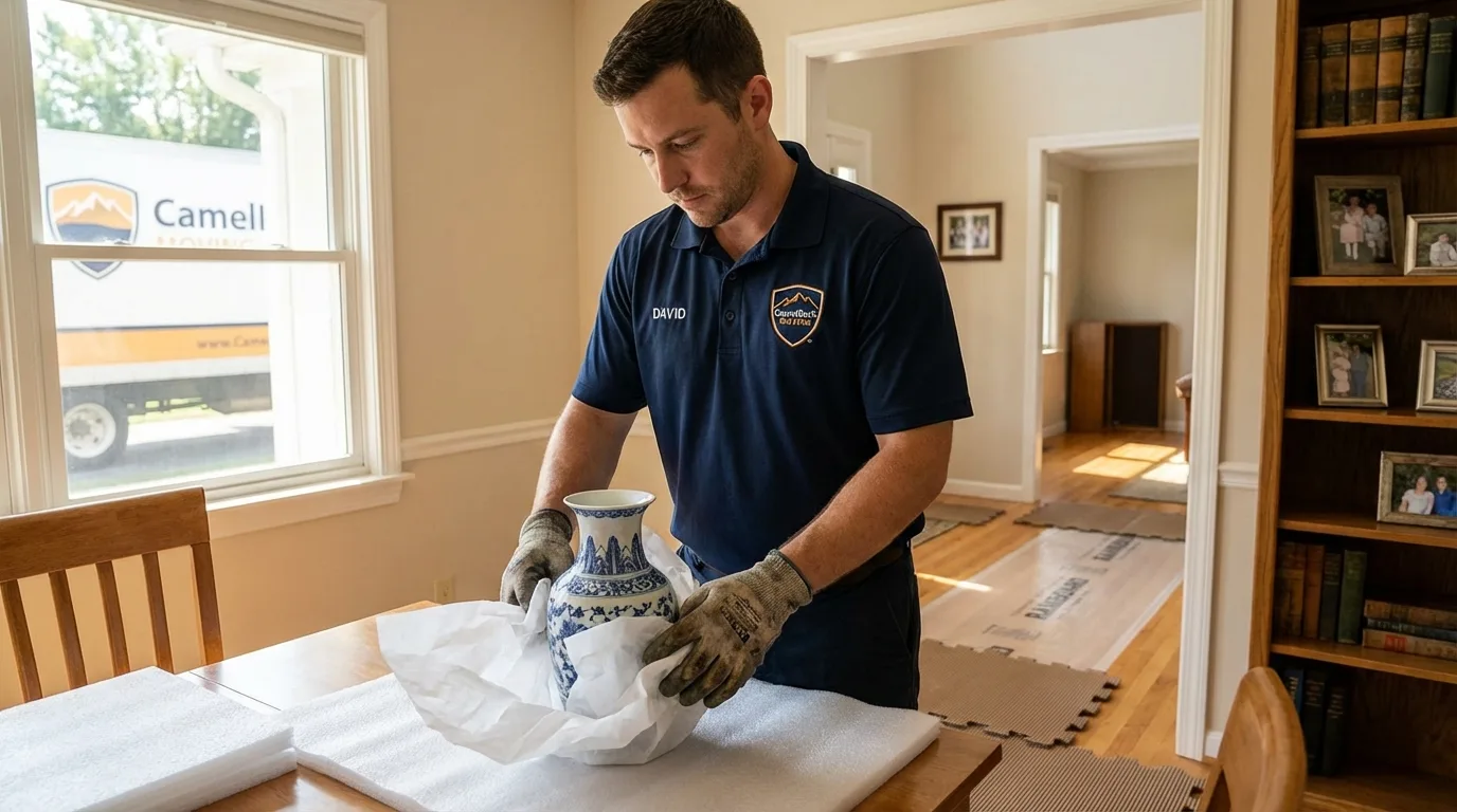 Professional crew carefully wrapping antique vase for senior downsizing move in Owego, NY